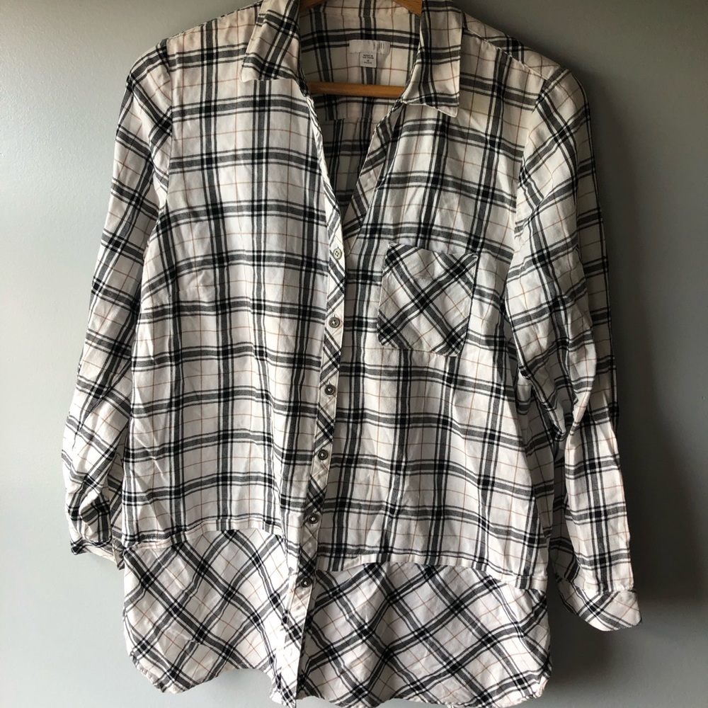 J Jill Plaid Tunic Button Up Size M NWOT Petite White and Black 100% cotton